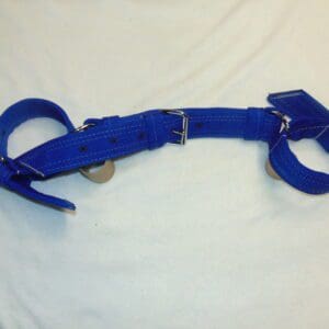 A blue strap is laying on the bed