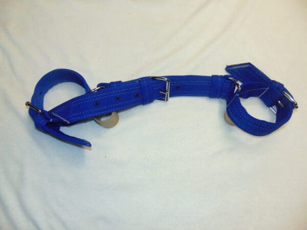 A blue strap is laying on the bed