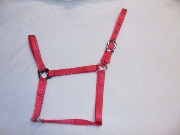 A red harness on top of a white sheet.