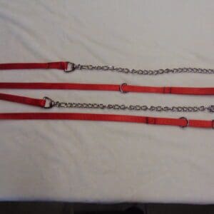 A red leash with two chains and one metal ring.