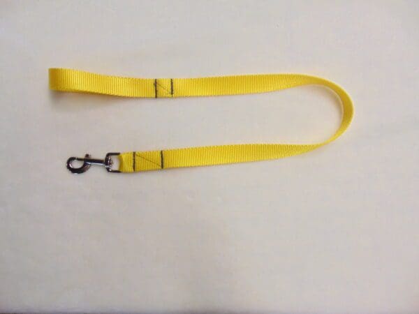 A yellow leash with black metal hardware.