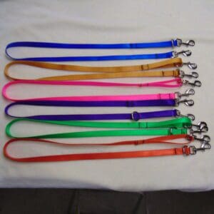 A group of eight different colored leashes on top of a table.