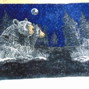 A painting of two bears in the woods