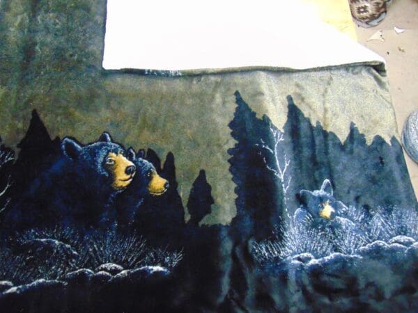 A painting of bears in the woods with trees.