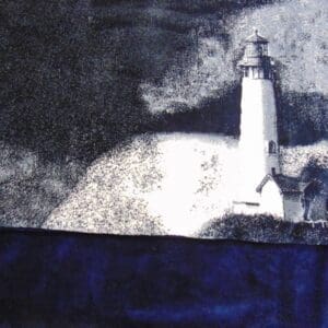 A painting of a lighthouse with the light on.