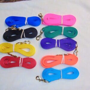 A group of different colored leashes sitting on top of a table.