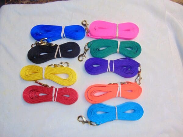 A group of different colored leashes sitting on top of a table.