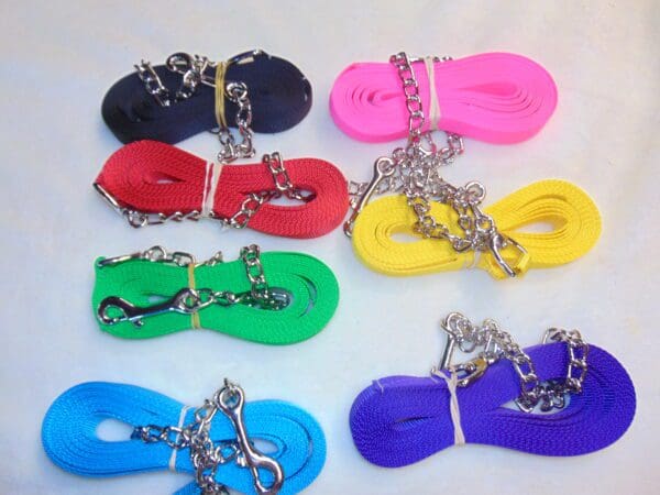 A group of eight different colored leashes.