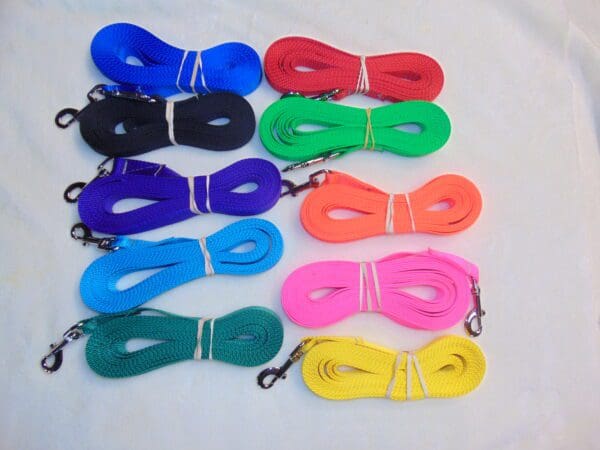 A group of different colored leashes sitting on top of a table.