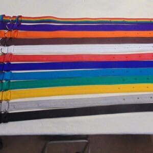 A bunch of different colored belts are laying on the table