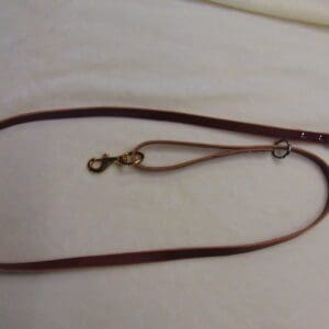 A brown leather leash with brass hardware.