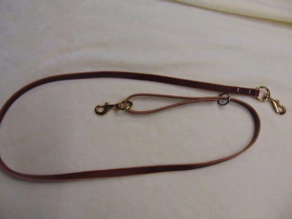 A brown leather leash with brass hardware.